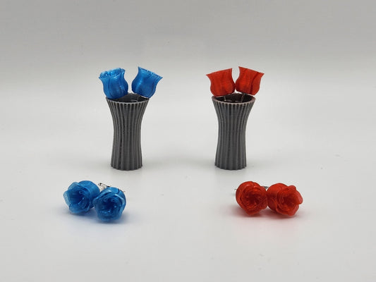 Miniature Rose Earrings - Sterling Silver Studs in Red & Blue with Vase Display, Perfect Valentine's Day Gift for Her