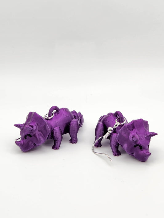 Purple Triceratops "Cera" Stud Earrings - 3D Printed Sterling Silver Hooks, Dinosaur Lover Gift Idea