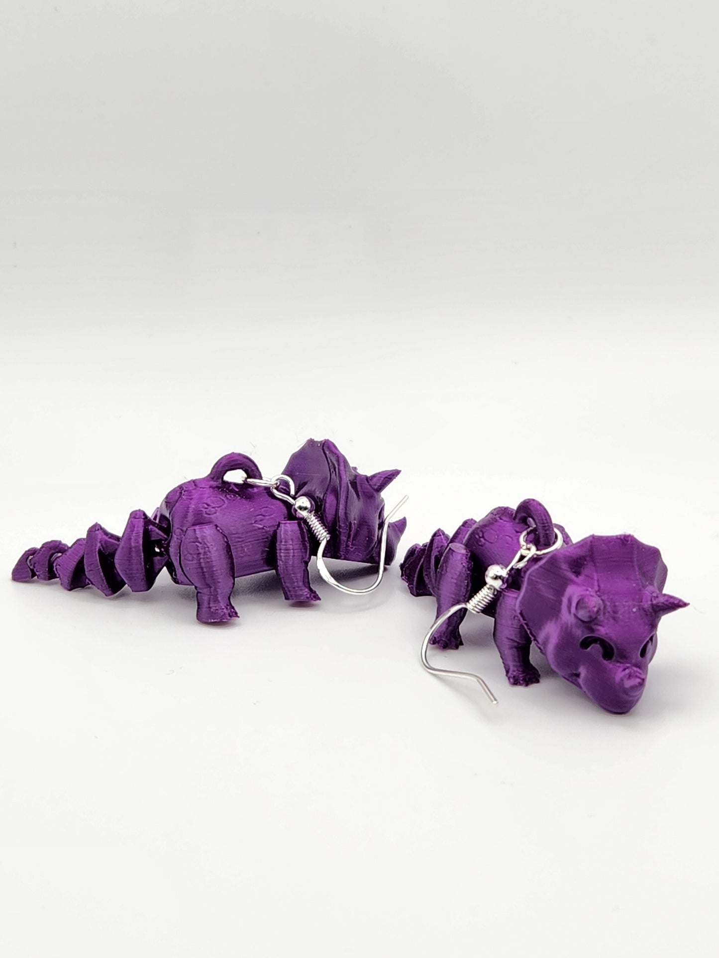 Purple Triceratops "Cera" Stud Earrings - 3D Printed Sterling Silver Hooks, Dinosaur Lover Gift Idea