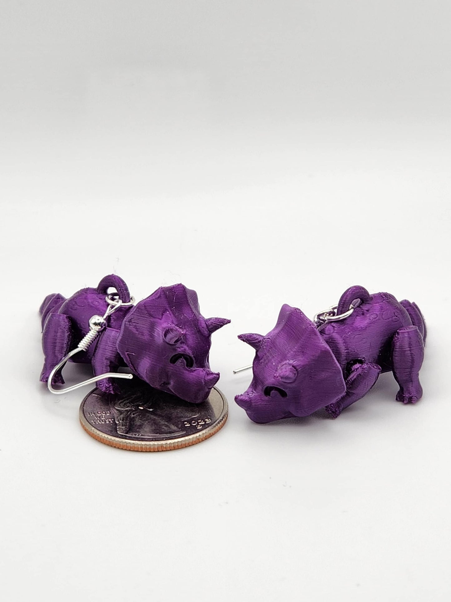 Purple Triceratops "Cera" Stud Earrings - 3D Printed Sterling Silver Hooks, Dinosaur Lover Gift Idea